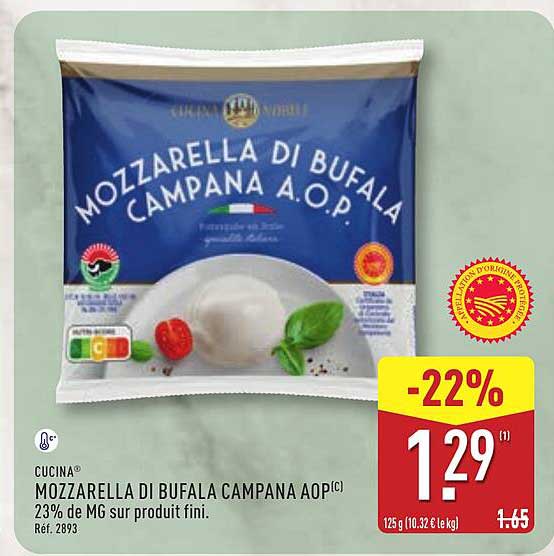 MOZZARELLA DI BUFALA CAMPANA AOP(C) 23% de MG sur produit fini. Réf. 2893