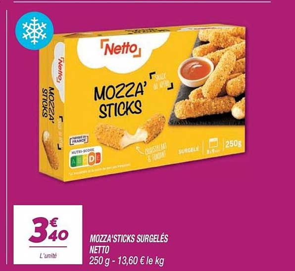 MOZZA'STICKS SURGELÉS NETTO 250 g - 13,60 € le kg