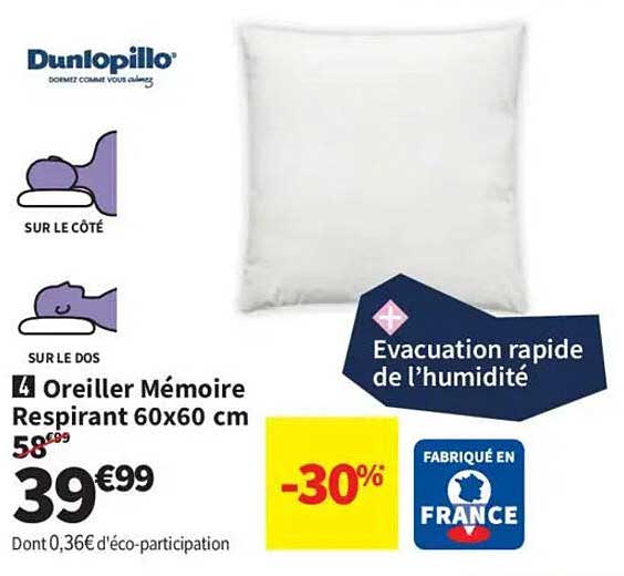 Oreiller Mémoire Respirant 60x60 cm