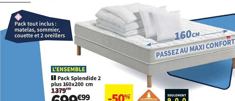 Pack tout inclus : matelas, sommier, couette et 2 oreillers