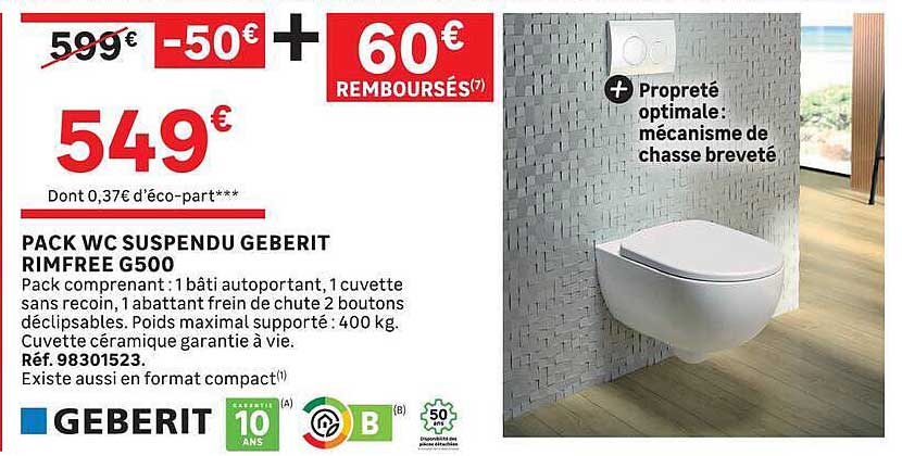 PACK WC SUSPENDU GEBERIT RIMFREE G500