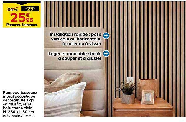Panneau tasseaux mural acoustique décoratif Vertigo en MDF™, effet bois chêne clair, H. 250 x L. 30 cm. Réf. 3700842904715.