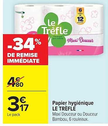 Papier hygiénique LE TRÈFLE Maxi Douceur ou Douceur Bambou, 6 rouleaux.