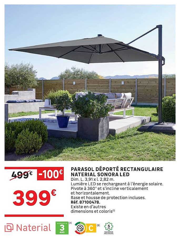 PARASOL DÉPORTÉ RECTANGULAIRE NATERIAL SONORA LED