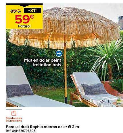 Parasol droit Raphia marron acier Ø 2 m