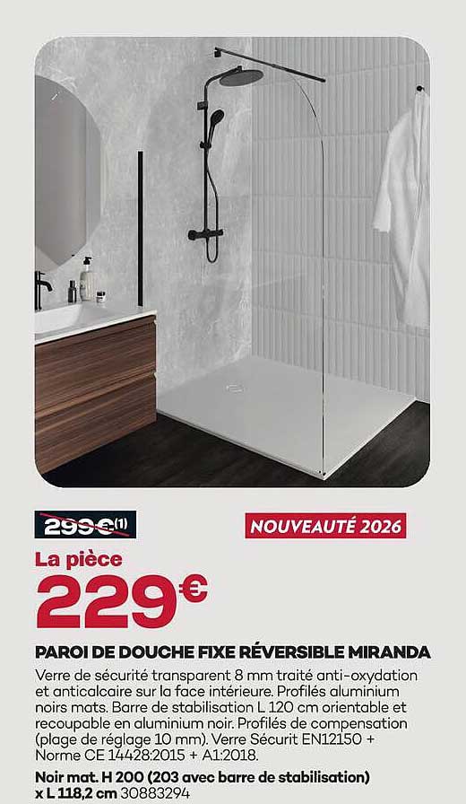 PAROI DE DOUCHE FIXE RÉVERSIBLE MIRANDA
