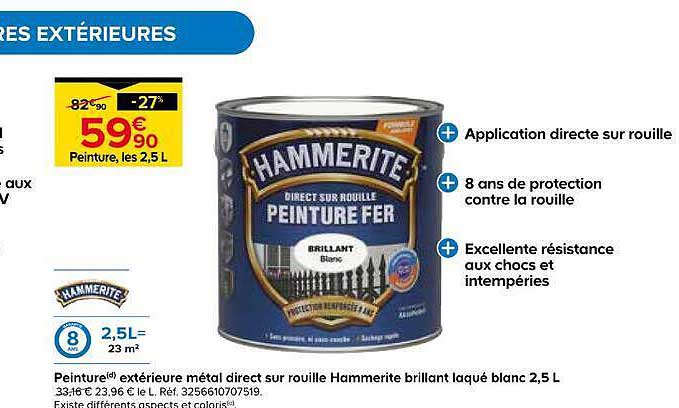 Peinture d'extérieur métal direct sur rouille Hammerite brillant laqué blanc 2,5 L