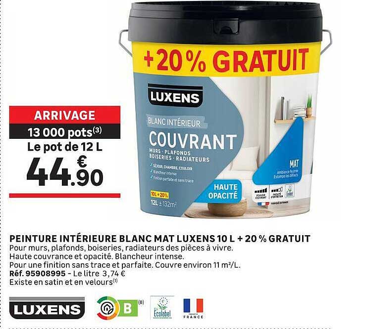 PEINTURE INTÉRIEURE BLANC MAT LUXENS 10 L + 20 % GRATUIT