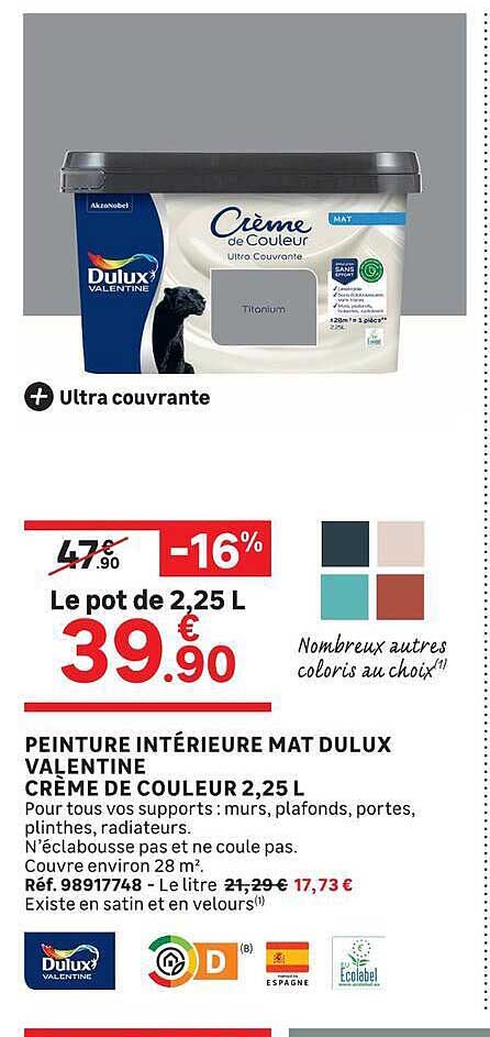 Peinture intérieure mat Dulux Valentine Crème de couleur 2,25 L