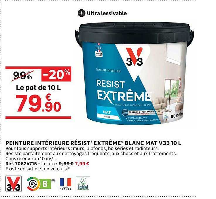 PEINTURE INTÉRIEURE RÉSIST’ EXTRÊME® BLANC MAT V33 10 L