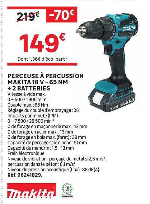 PERCEUSE A PERCUSSION MAKITA 18 V - 65 NM + 2 BATTERIES