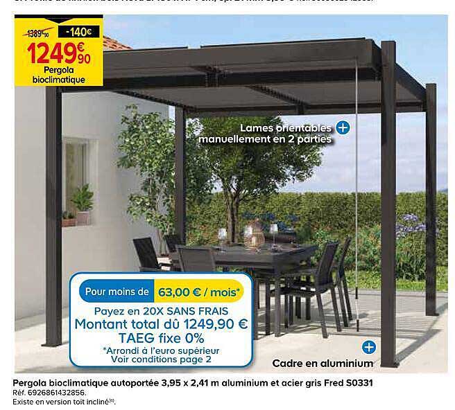 Pergola bioclimatique autoportée 3,95 x 2,41 m aluminium et acier gris Fred S0331