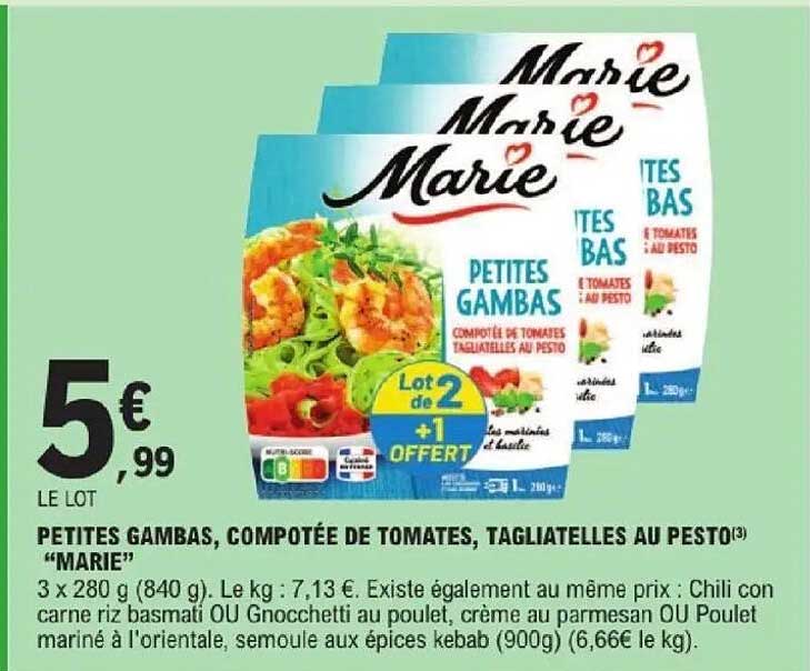PETITES GAMBAS, COMPOTÉE DE TOMATES, TAGLIATELLES AU PESTO "MARIE"