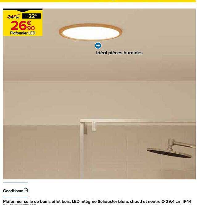 Plafonnier salle de bains effet bois, LED intégrée Solidaster blanc chaud et neutre Ø 29,4 cm IP44