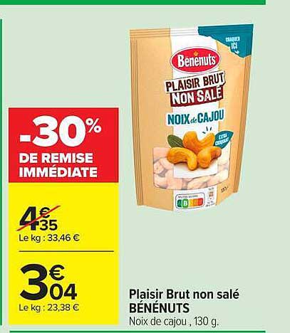 Plaisir Brut non salé BÉNÉNUTS Noix de cajou, 130 g.