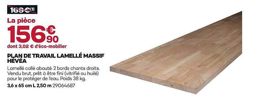 PLAN DE TRAVAIL LAMELLÉ MASSIF HEVEA