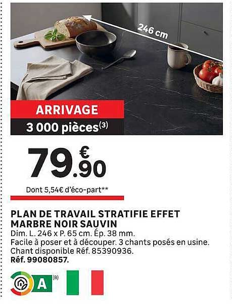 PLAN DE TRAVAIL STRATIFIÉ EFFET MARBRE NOIR SAUVIN