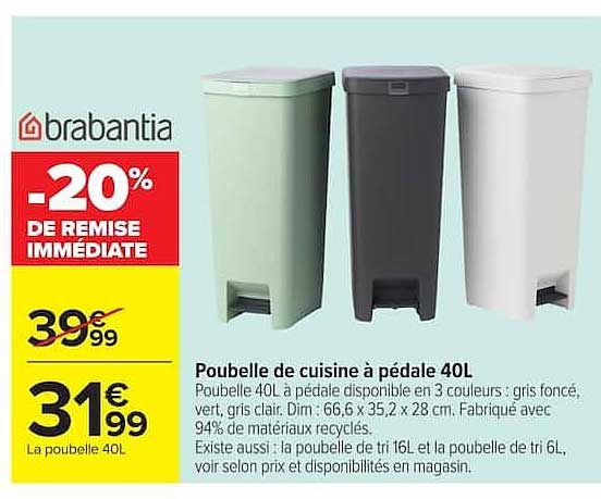 Poubelle de cuisine à pédale 40L