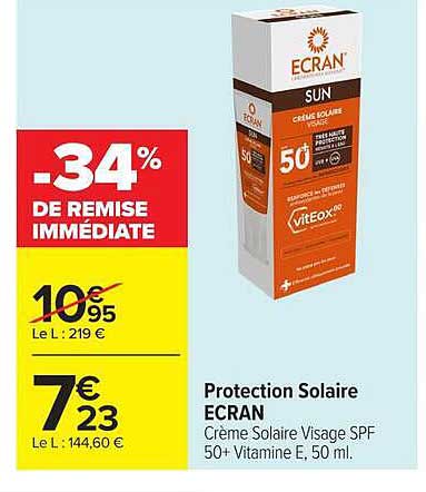 Protection Solaire ECRAN Crème Solaire Visage SPF 50+ Vitamine E, 50 ml.