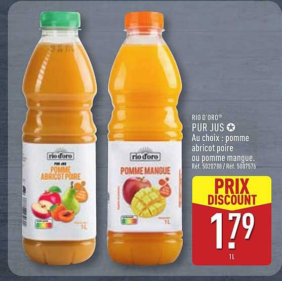 RIO D'ORO® PUR JUS Au choix : pomme abricot poire ou pomme mangue. Réf. 5020788 / Réf. 5007576