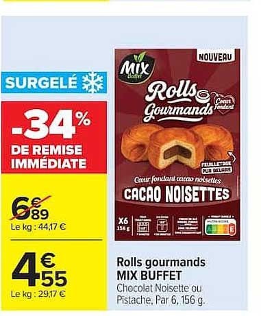 Rolls gourmands MIX BUFFET Chocolat Noisette ou Pistache, Par 6, 156 g.