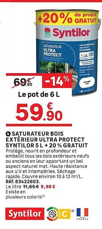 Saturateur bois extérieur ultra protect Syntilor 5 L + 20 % gratuit