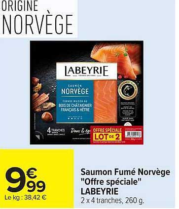 Saumon Fumé Norvège "Offre spéciale" LABEYRIE 2 x 4 tranches, 260 g.