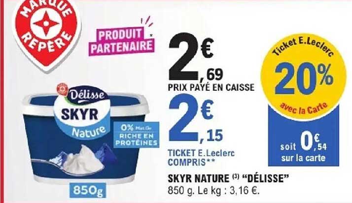 SKYR NATURE “DÉLISSE” 850 g. Le kg : 3,16 €.