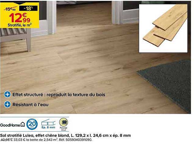 Sol stratifié Lulea, effet chêne blond, L. 129,2 x l. 24,6 cm x ép. 8 mm