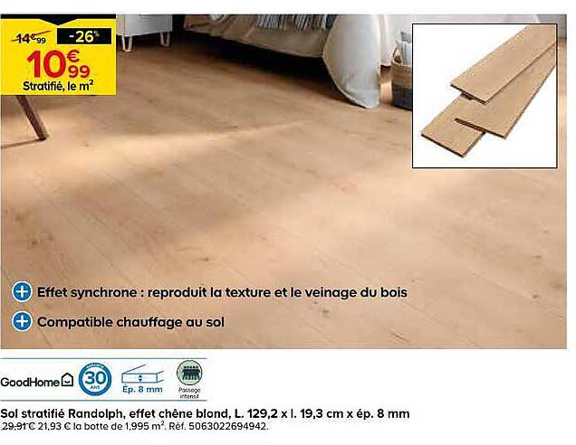 Sol stratifié Randolph, effet chêne blond, L. 129,2 x l. 19,3 cm x ép. 8 mm
