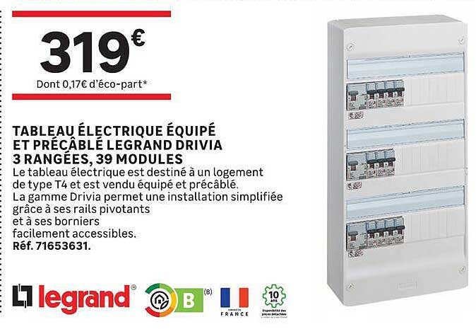 TABLEAU ÉLECTRIQUE ÉQUIPÉ ET PRÉCÂBLÉ LEGRAND DRIVIA 3 RANGÉES, 39 MODULES