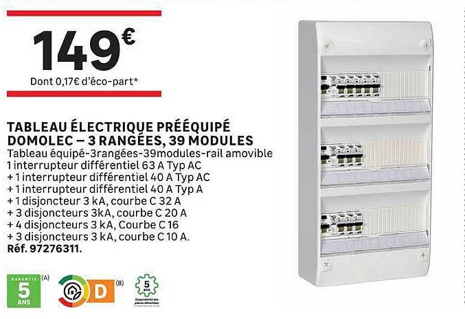 TABLEAU ÉLECTRIQUE PRÉÉQUIPÉ DOMOLEC – 3 RANGÉES, 39 MODULES