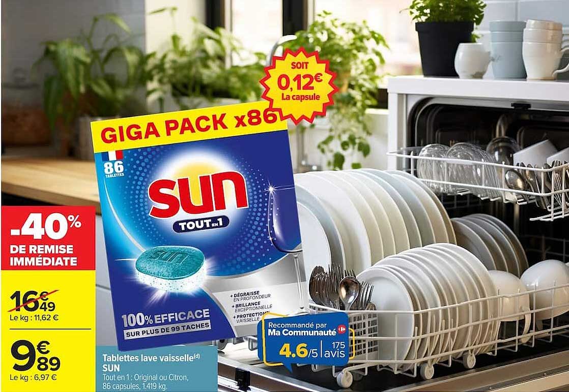 Tablettes lave vaisselle SUN Tout en 1 Original ou Citron, 86 capsules, 1,419 kg