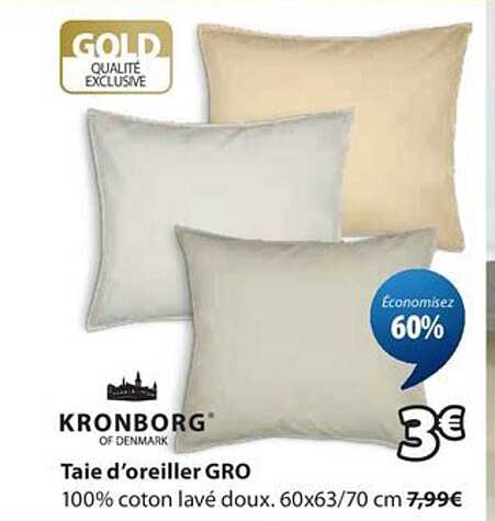 Taie d’oreiller GRO 100% coton lavé doux. 60x63/70 cm