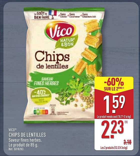 VICO Chips de lentilles Saveur fines herbes. Le produit de 85 g.