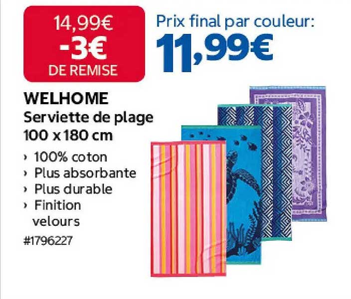 WELHOME Serviette de plage 100 x 180 cm