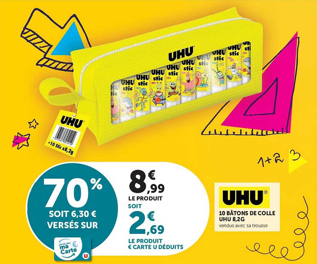 10 BÂTONS DE COLLE UHU 8,2G vendus avec sa trousse