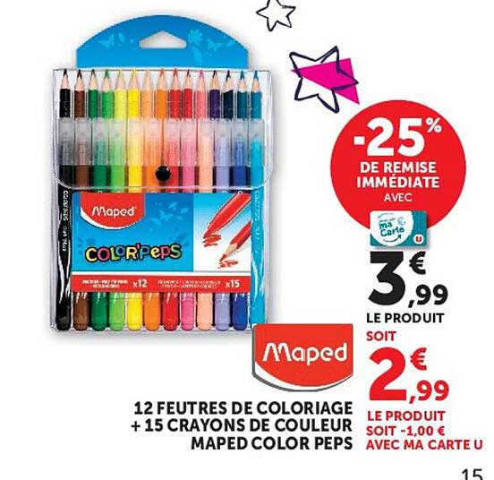 12 FEUTRES DE COLORIAGE + 15 CRAYONS DE COULEUR MAPED COLOR PEPS