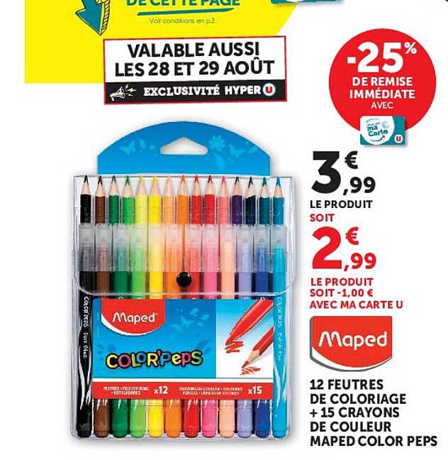 12 FEUTRES DE COLORIAGE + 15 CRAYONS DE COULEUR MAPED COLOR PEPS