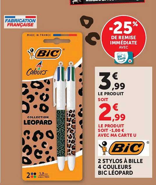 2 STYLOS À BILLE 4 COULEURS BIC LÉOPARD