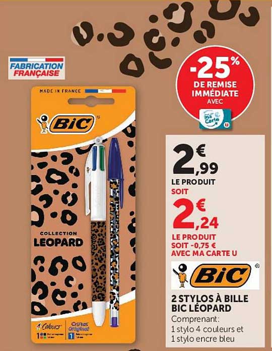 2 STYLOS À BILLE BIC LÉOPARD