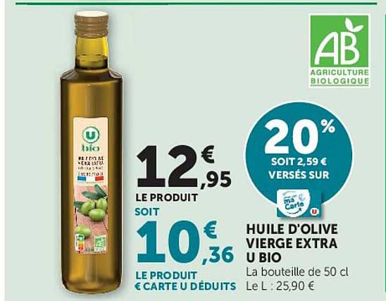 20% soit 2,59 € versés sur Huile d'olive vierge extra U bio