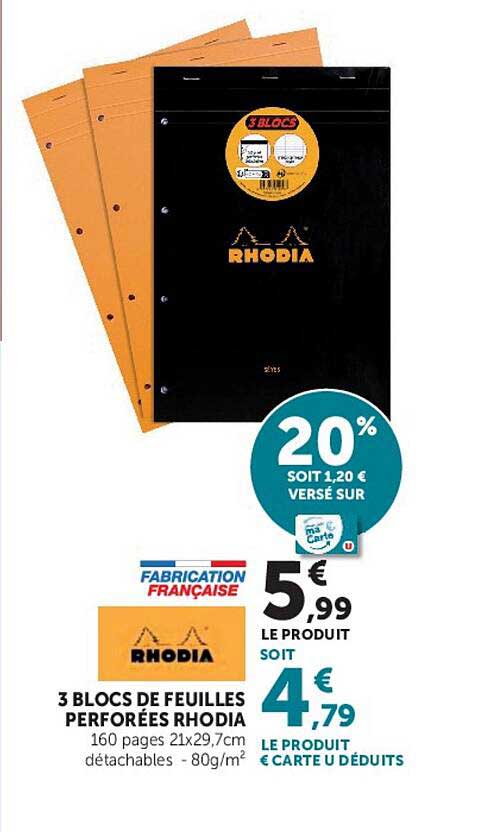 3 BLOCS DE FEUILLES PERFORÉES RHODIA