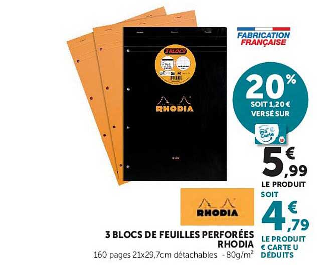 3 BLOCS DE FEUILLES PERFORÉES RHODIA
