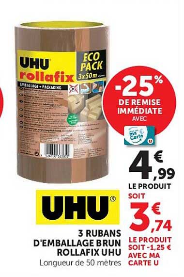 3 RUBANS D'EMBALLAGE BRUN ROLLAFIX UHU