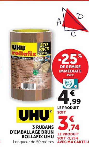3 RUBANS D'EMBALLAGE BRUN ROLLAFIX UHU