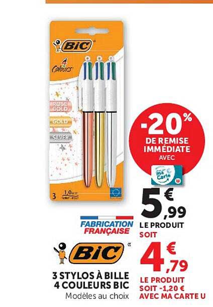 3 STYLOS À BILLE 4 COULEURS BIC