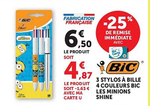 3 STYLOS À BILLE 4 COULEURS BIC LES MINIONS SHINE