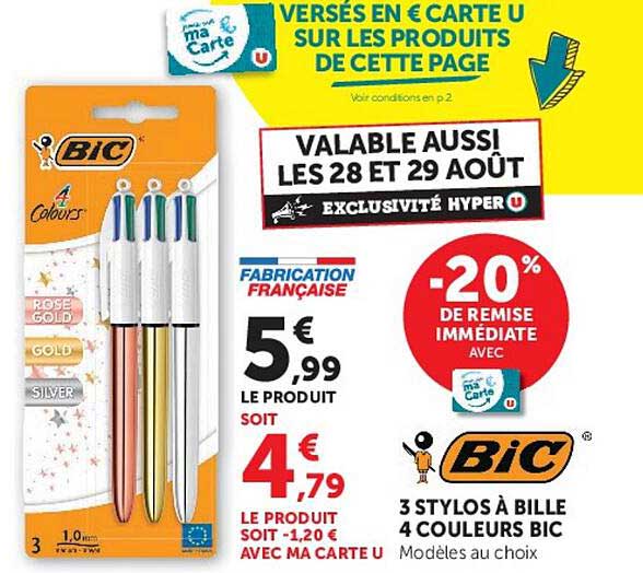 3 STYLOS À BILLE 4 COULEURS BIC