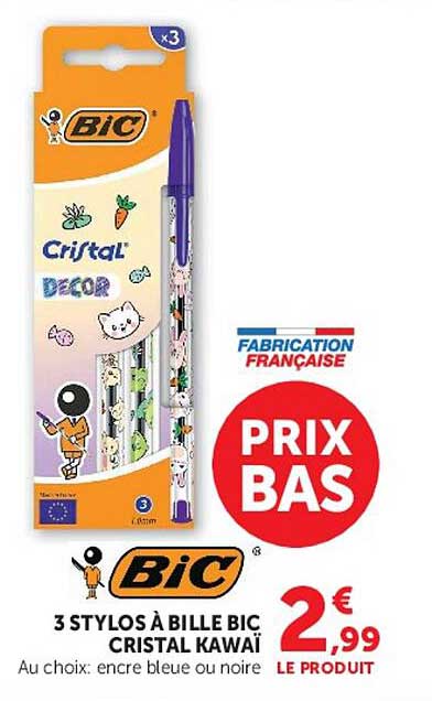 3 STYLOS À BILLE BIC CRISTAL KAWAII
